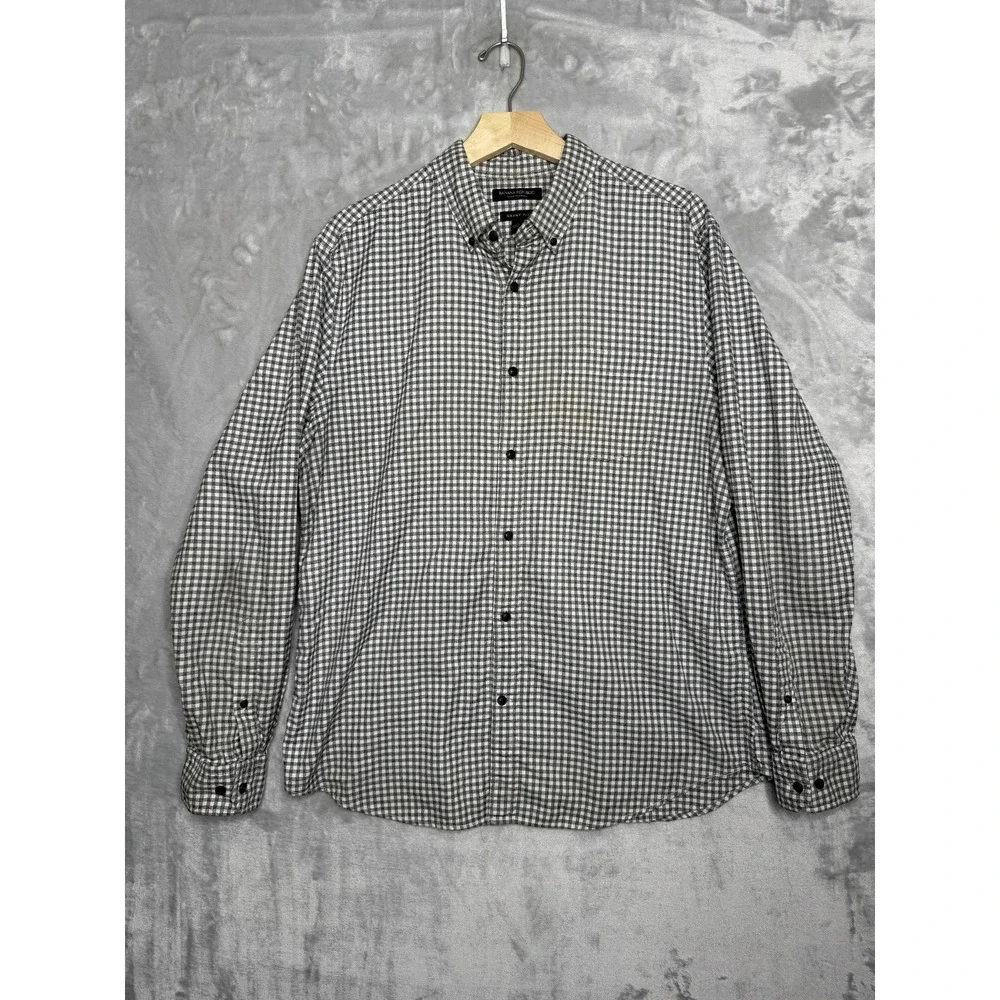 Banana Republic Shirt Mens XL Gray Gingham Luxe Flannel Grant Fit Button Down
